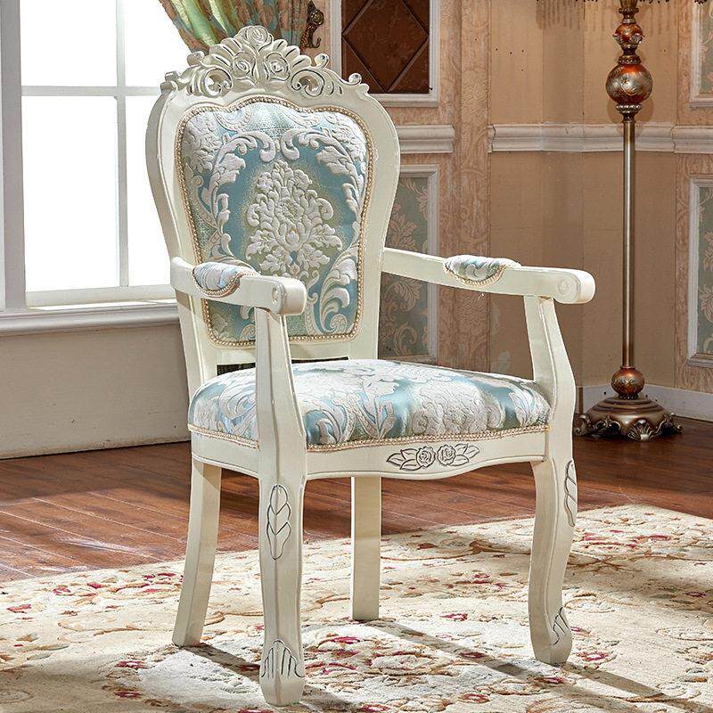 欧式实木餐椅家用椅子休闲椅布艺靠背雕花椅电脑洽谈椅书房扶手椅
