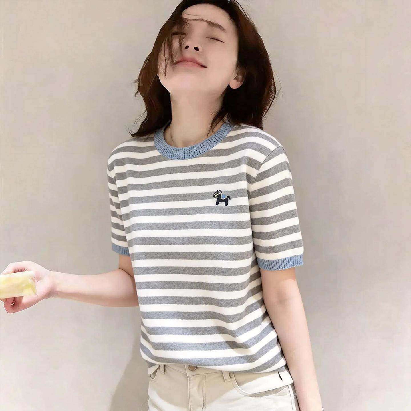 韩国小狗刺绣条纹短袖T恤女夏季新款超好看宽松时尚针织上衣潮ins