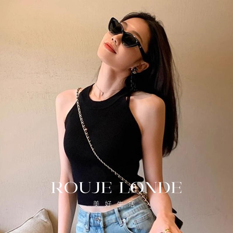 ROUJE LONDE美式挂脖小吊带背心女夏季针织削肩坎袖工型无袖上衣