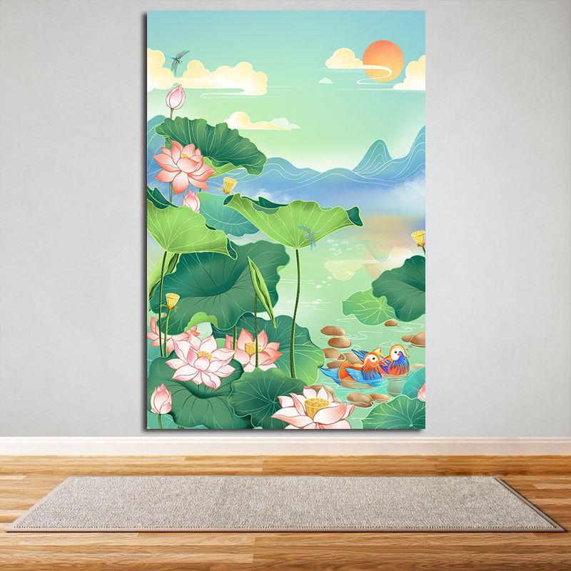 新中式九鱼图玄关装饰画入户客厅电视背景墙荷花招财风水挂画海报图片