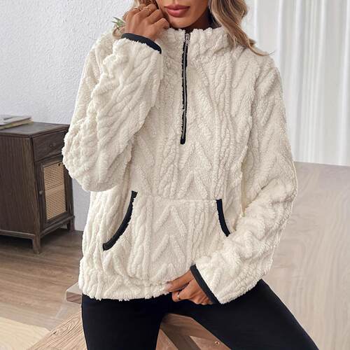 Flip collar style half zipper plush pocket short hoodie
