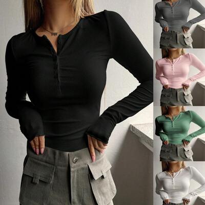 Women's Plain Half Button Front Ribbed Tee  Fashion Casual