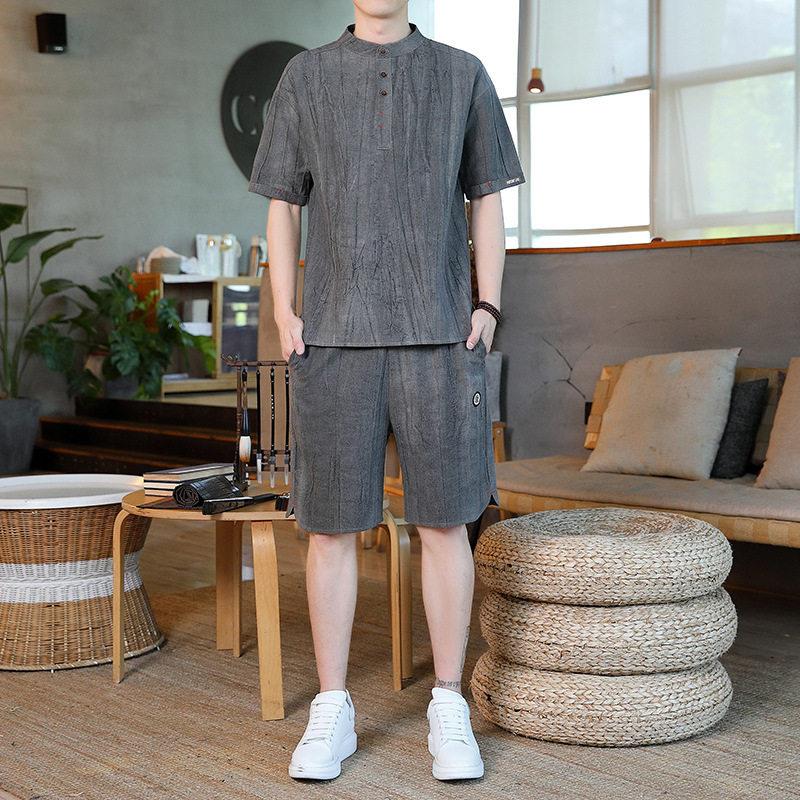 高端品牌可外穿家居服男士夏季夏款棉麻短袖短裤纯色男款睡衣套装
