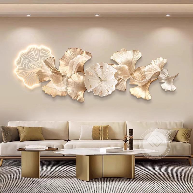 银杏叶客厅装饰画 画带钟表轻奢创意卧室床头挂钟挂画 画沙发背景