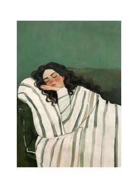 《慵懒少女》房间卧室装饰画玄关人物绿色系手绘油画客厅小众挂画