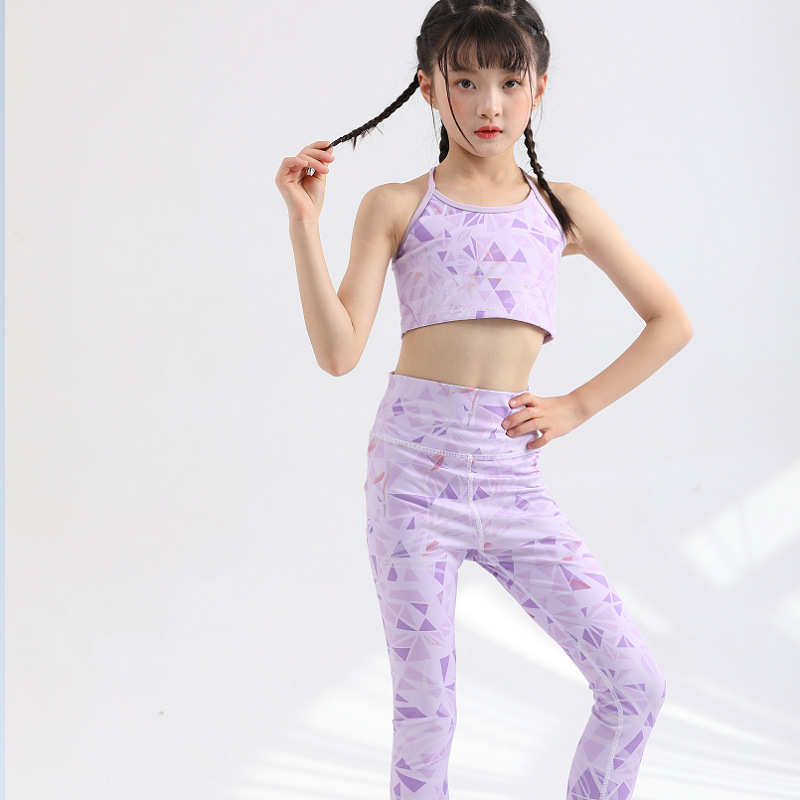 欧美女孩儿童瑜伽服套装短款背心双层运动健身衣跑步印花裤子批发