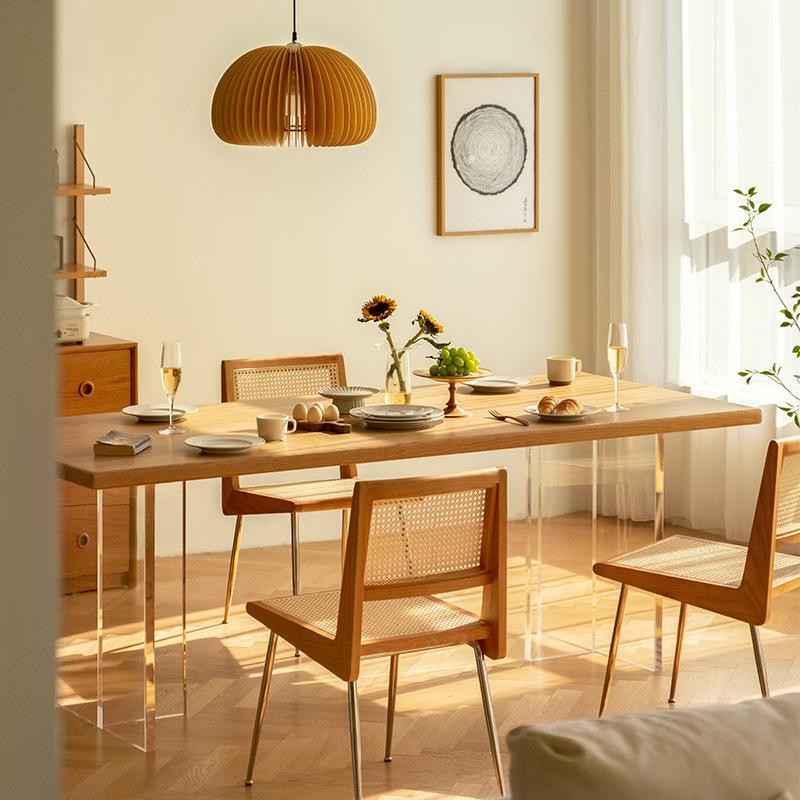 北欧实木餐桌亚克力透明悬浮创意饭桌家用小户型原木色餐桌椅组合