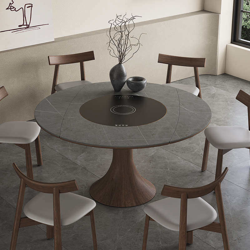 北欧实木岩板饭桌现代简约胡桃木色餐桌家用小户型可伸缩折叠圆桌