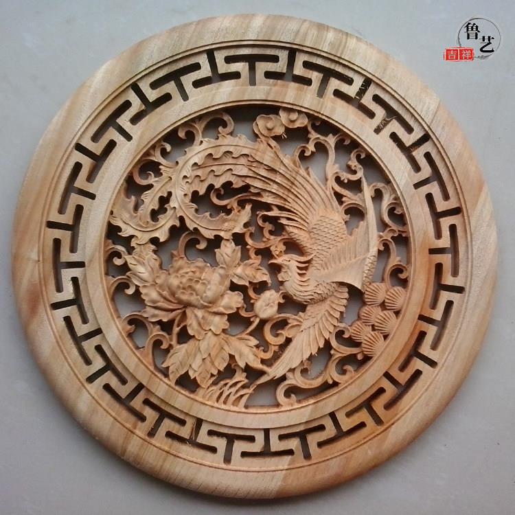 促销新中式东阳木雕圆形挂件香樟木镂空墙壁挂装饰立体画39CM白胚