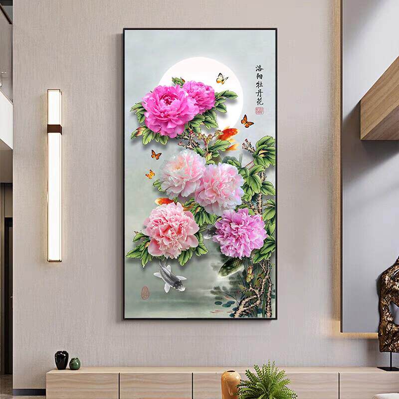 洛阳牡丹十字绣2026新线绣客厅竖花入口入口九鱼图手绣