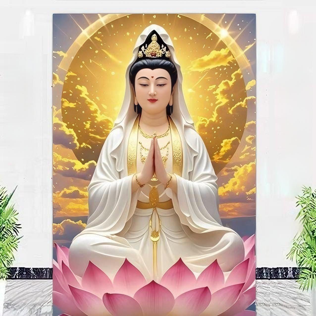带框钻石画满钻方钻手工贴钻绣客厅玄关神龛竖版新款坐莲观音菩萨