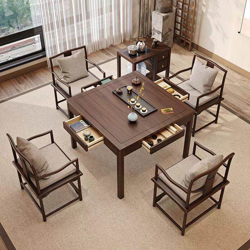 新中式八仙桌实木正方形棋牌桌椅组合掼蛋桌简约餐桌老榆木
