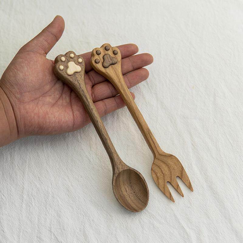 木头恰恰猫爪勺子叉子原木手作日式饭勺汤勺家用儿童可爱叉勺套装
