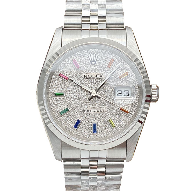 爆款满钻彩虹条[9.8新]劳力士间白金日志后钻自动机械男表16234