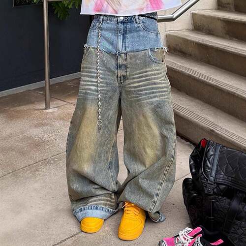 Men's Vintage Patchwork Denim Jeans High Waist Loose Fit