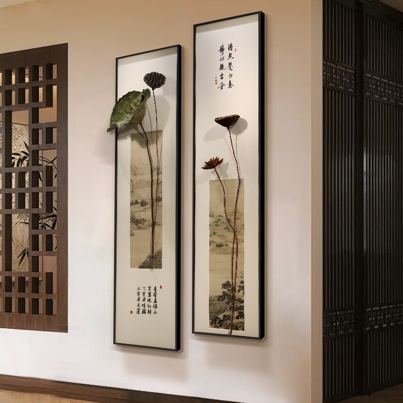 新中式玄关装饰画3D立体荷叶茶室书房禅意壁画入户正对门组合挂画图片
