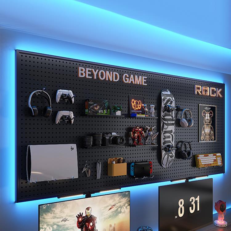 电竞房洞洞板黑色墙上置物架书房上方电脑桌墙面挂板收纳铁艺装饰