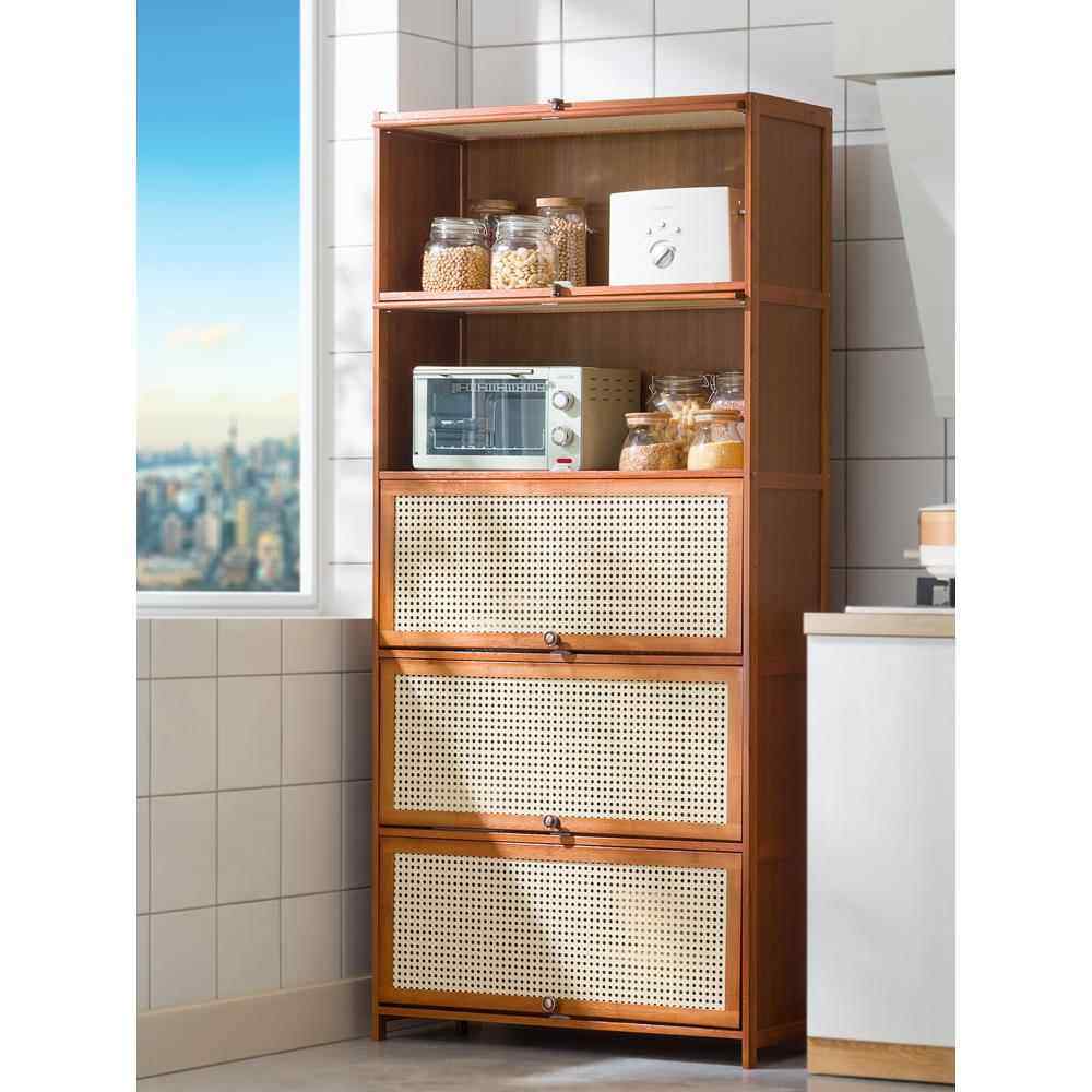 3YK厨房用品收纳柜落地多层碗柜客厅阳台置物架带门储物柜放藤编