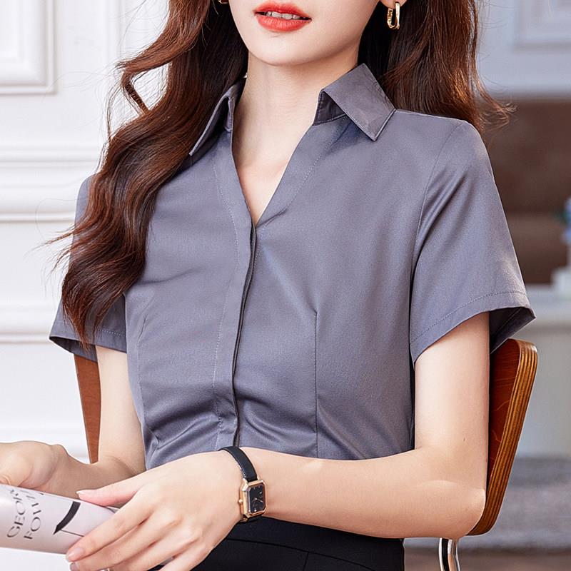 职业衬衫女短袖工作服正装夏季免熨烫抗皱寸衫弹力修身V领灰色衬