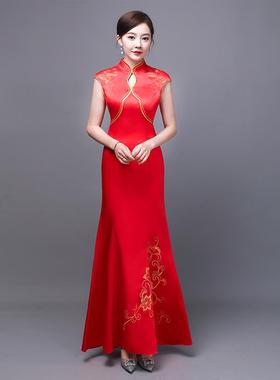 正品礼物仪旗袍长版装覆宾小姐服青花瓷古礼服迎红色酒店礼物仪服