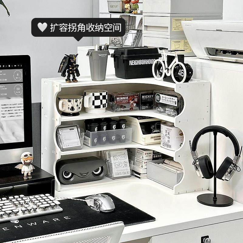 极简风白色工位转角置物架办公室桌面拐角分层杯子茶包文具收纳层