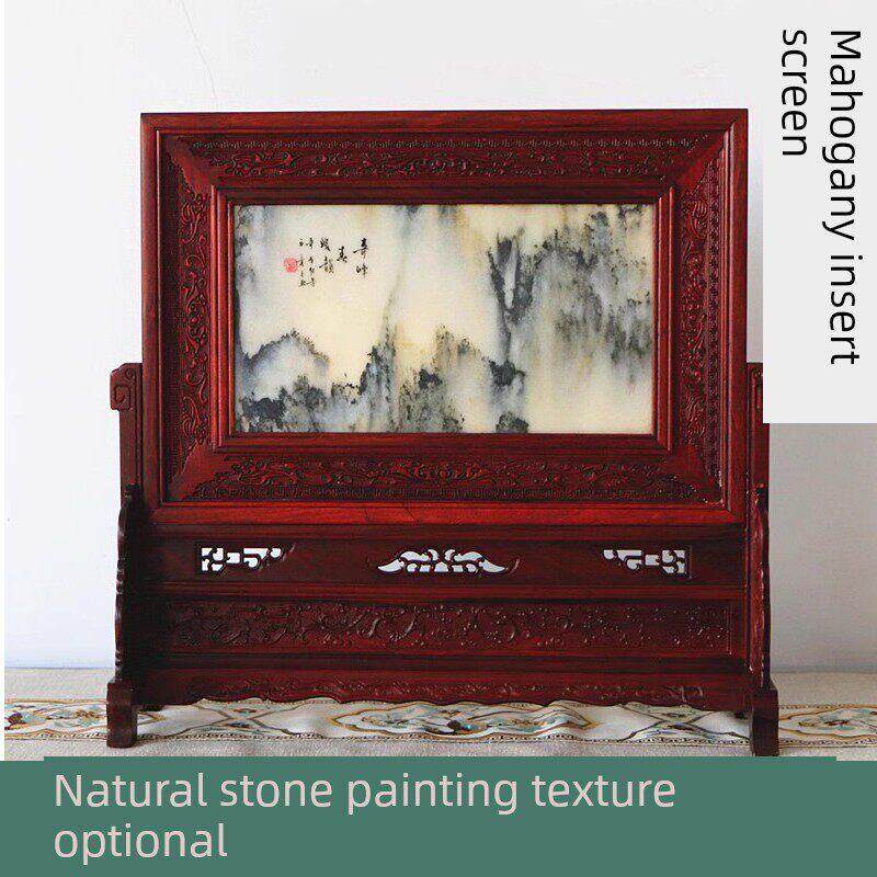 红木花梨木屏风 大红酸枝插屏 实木屏风台屏摆件 天然石画桌屏