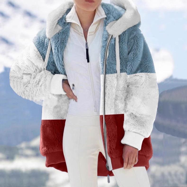 Warm plush patchwork zipper pocket hooded loose coat for