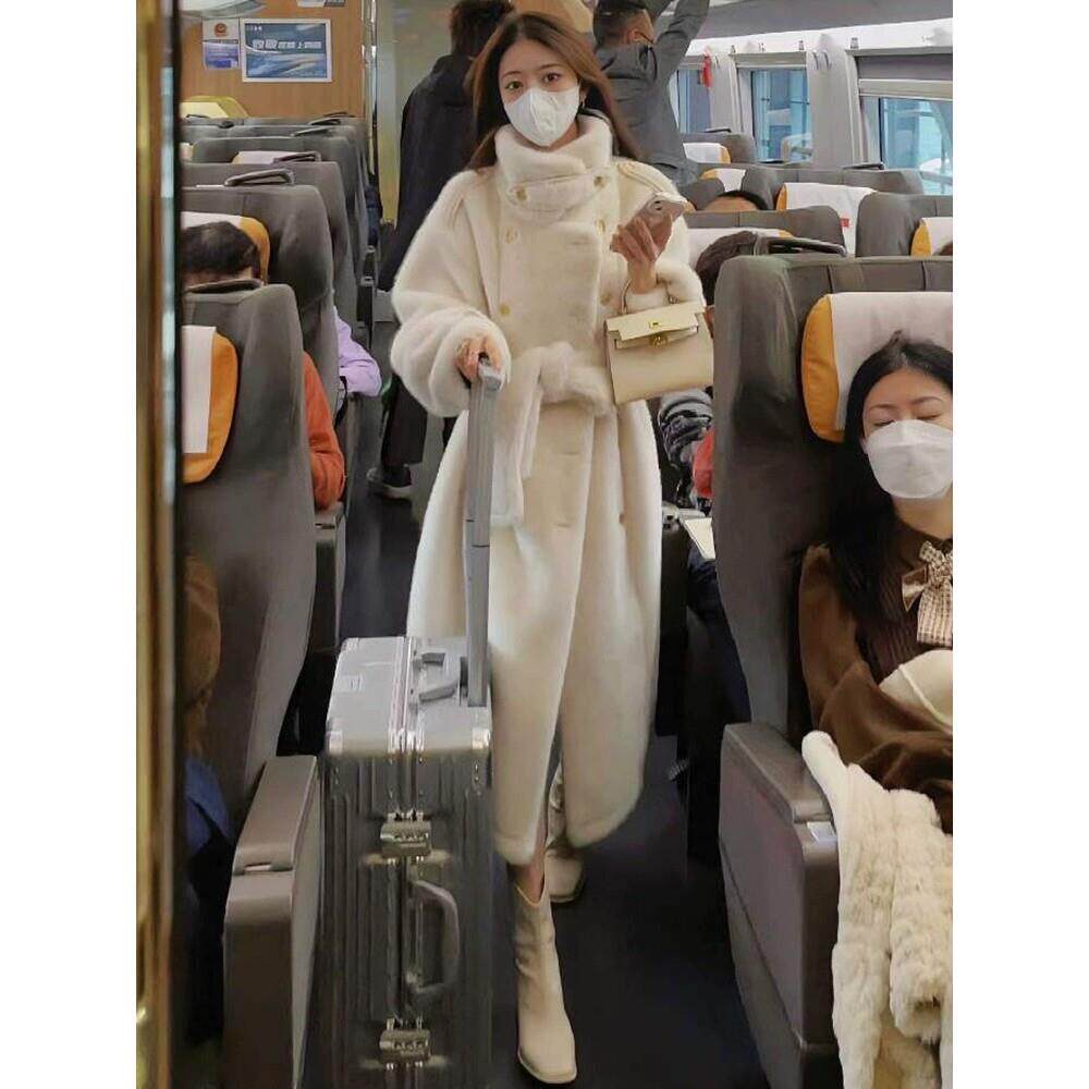 欧洲站2025年冬季新款皮毛一体长款羊羔毛外套女立领皮草毛绒大衣