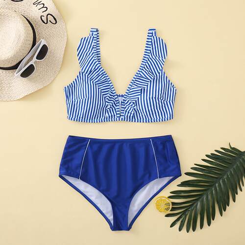 Blue stripe printed split bikini swimsuit
