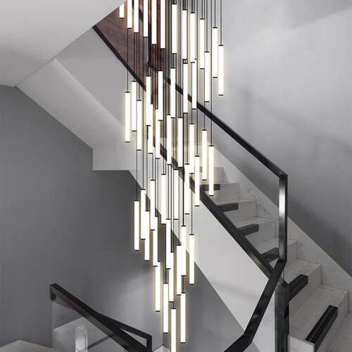 黑829色楼梯t灯长o吊灯lf代简约复式楼旋转超长光现管楼梯间吊灯