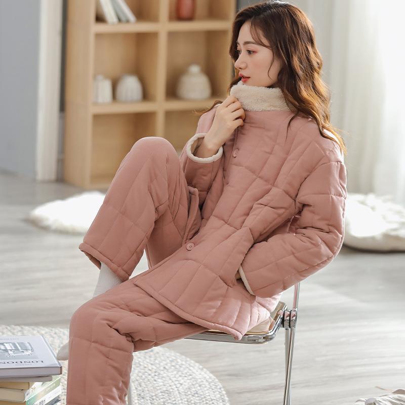 日本GP睡衣女冬季加厚加绒珊瑚绒三层夹棉袄新款可出门冬款家居服