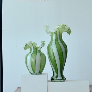 手工制作琉璃花瓶中古风苔绿奶油白六条纹芬顿美人瓶插花玻璃花器