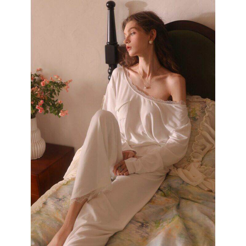 CLAUDIE HOME性感睡衣女春夏季莫代尔白色长袖宽松露背家居服套装