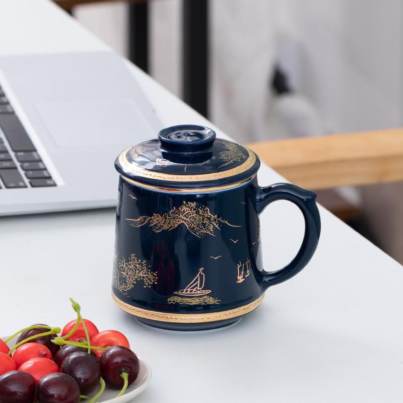 高档霁蓝描金茶杯泡茶杯家用陶瓷杯办公室杯公司活动纪念礼品杯