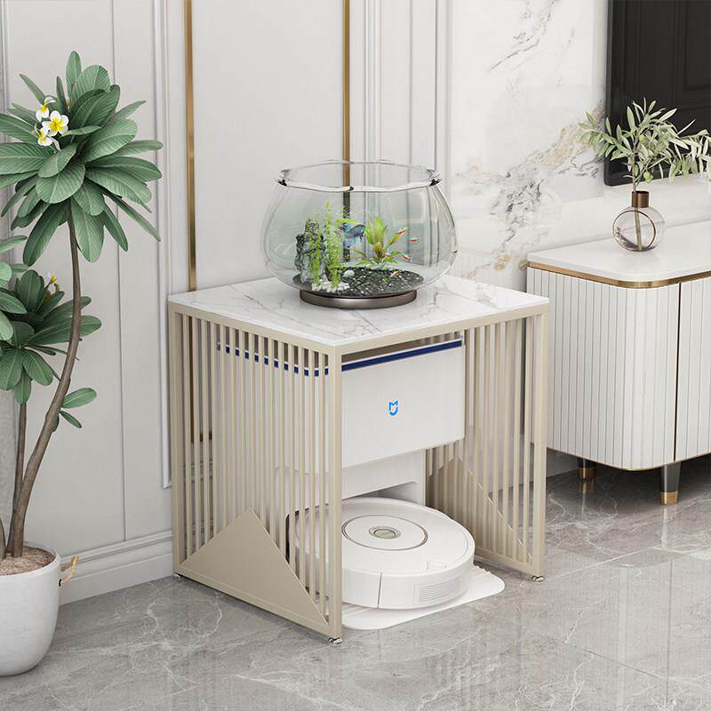 轻奢岩板鱼缸架铁艺扫地机器人置物架客厅沙发边几饮水机架底柜桌