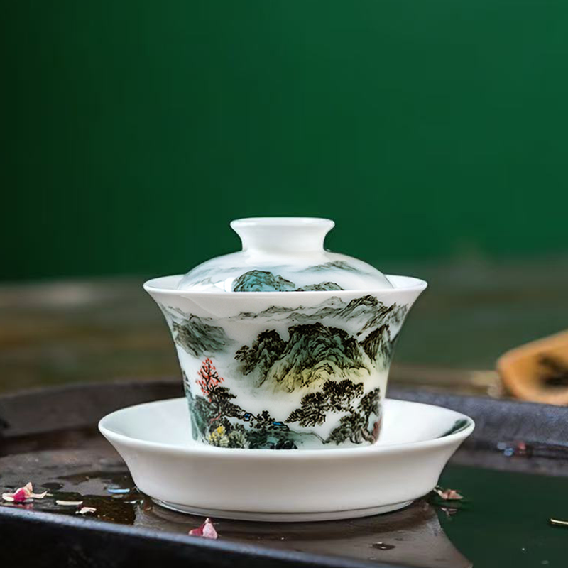 重工山水画盖碗壶承刘培竹大师手绘主人杯茶盘家用高档泡茶杯送礼,餐饮具,茶杯,淘宝优惠券,粉丝福利购,淘宝优惠卷