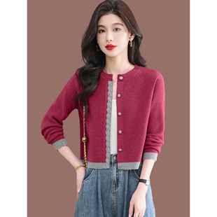 羊毛衫小个子红色针织开衫女春秋配裙子外搭上衣高腰短款毛衣外套