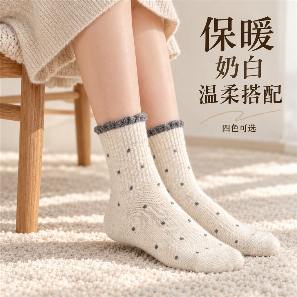 秋冬保暖费尔岛袜子女中筒袜ins风百搭泡泡袜民族风波点撞色花边