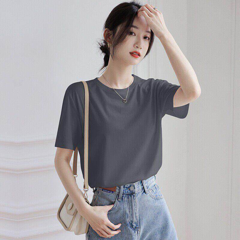 声雨竹烟灰色薄款冰丝短袖t恤女2026新款夏季垂感宽松大码百搭体