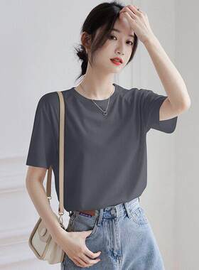 声雨竹烟灰色薄款冰丝短袖t恤女2026新款夏季垂感宽松大码百搭体