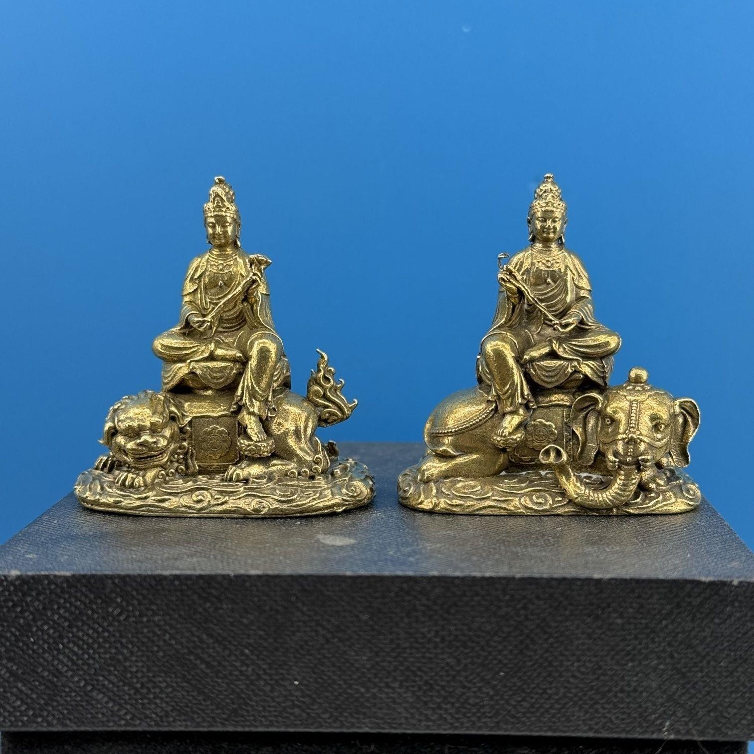 黄铜文殊普贤菩萨摆件佛像华严三圣坐像供奉家用文殊普贤家居摆件