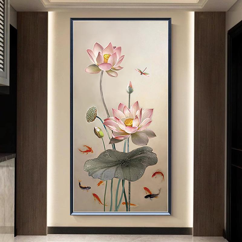 大芬竖村手绘油画荷花画九鱼图走新中式玄关装饰画廊过EJL道挂版