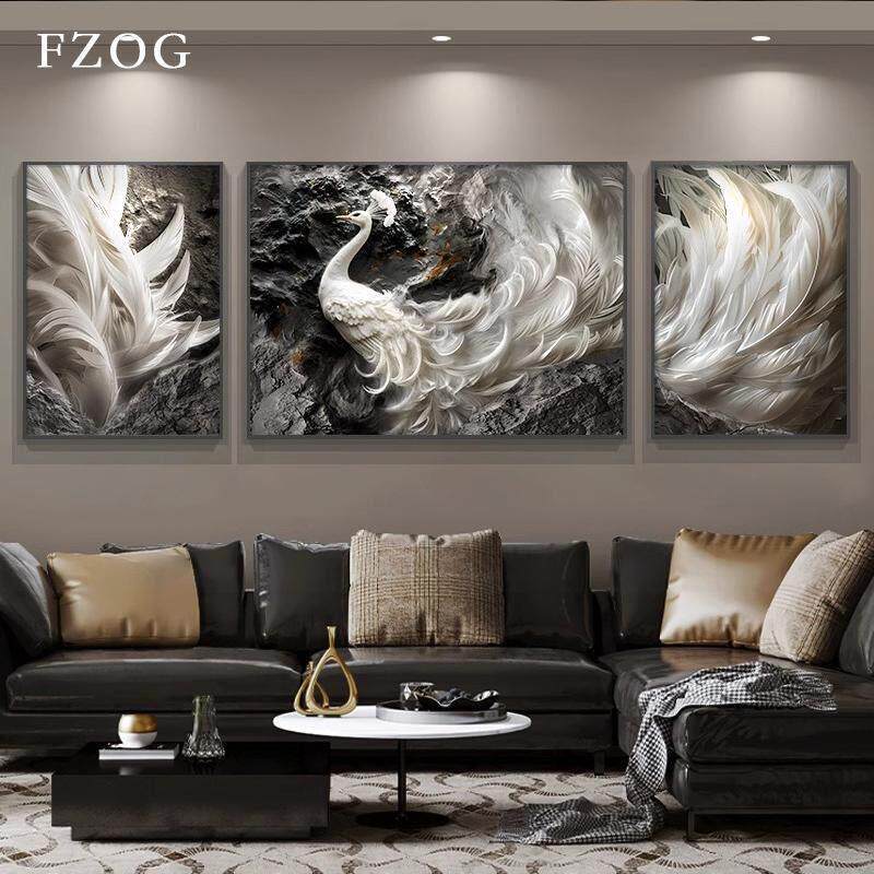 FZOG轻奢高级感客厅装饰画高端沙发背景墙挂画立体浮雕孔雀三联画
