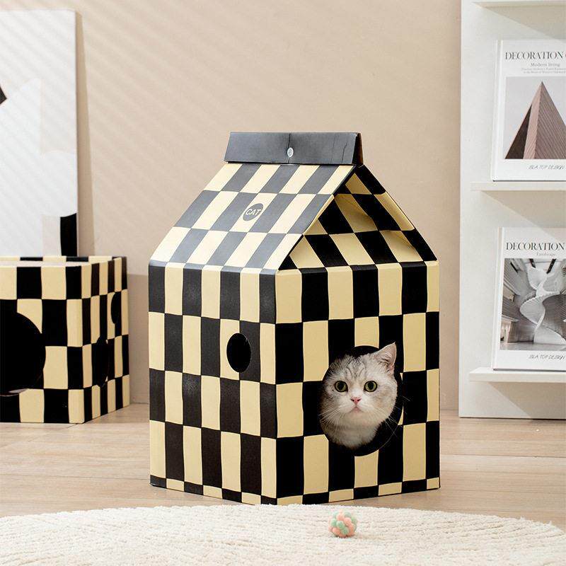 创意黑白棋格牛奶盒猫抓板 棋盘格瓦楞纸箱猫爪窝立式一体猫窝