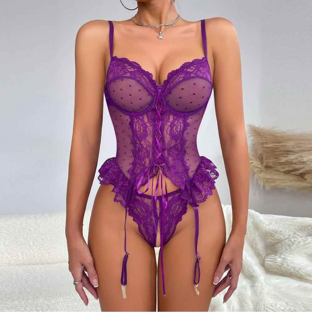 Purple sexy lingerie lace hollow suit open crotch panties