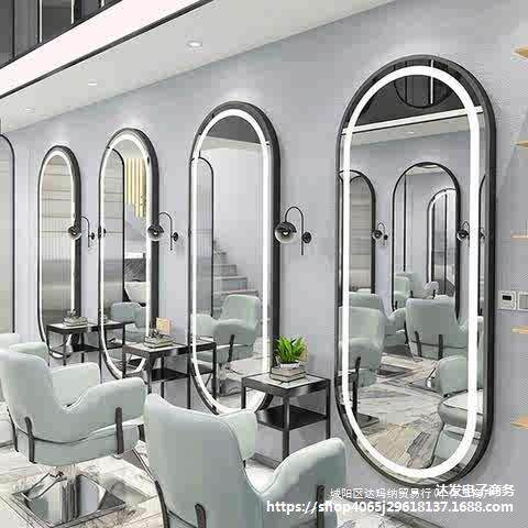 网红潮店理发镜台美发镜子发廊专用剪发染烫单面挂贴墙LED灯简约