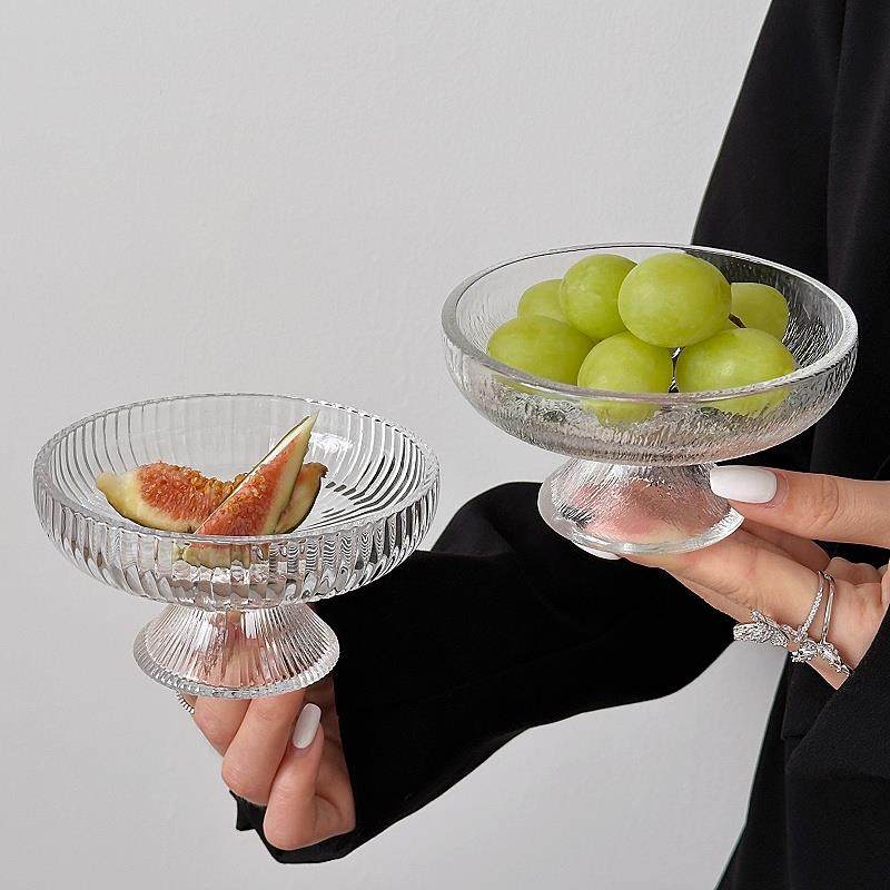 漂亮的水果盘客厅家用高颜值小精致冰川玻璃高脚盘糖果零食盘果盘