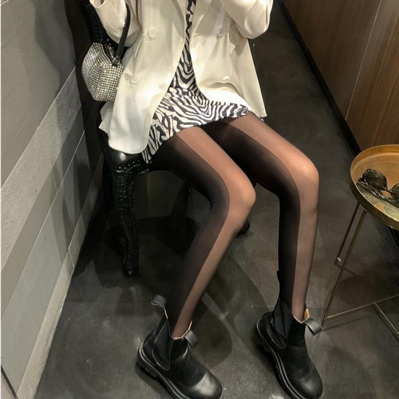 韩系黑色拼接连裤袜张惠妹同款四季侧边竖条纹阴影显瘦打底丝袜