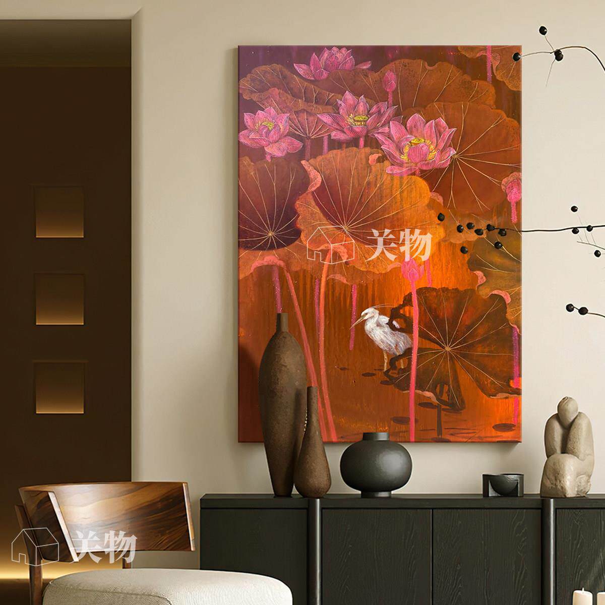 中古风红莲客厅装饰画法式复古抽象莲花走廊过道挂画高级卧室壁画