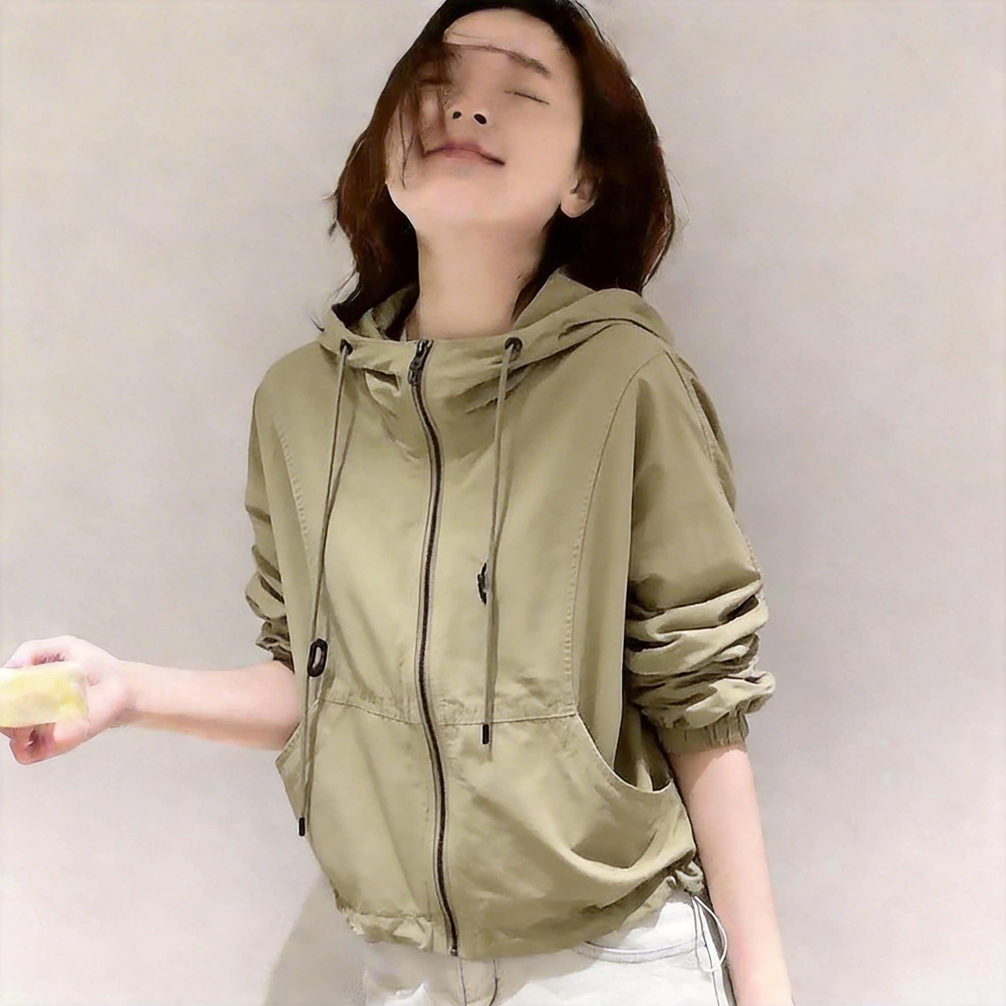 韩版小个子抽绳连帽拉链工装短外套女2026春季薄款休闲户外冲锋衣